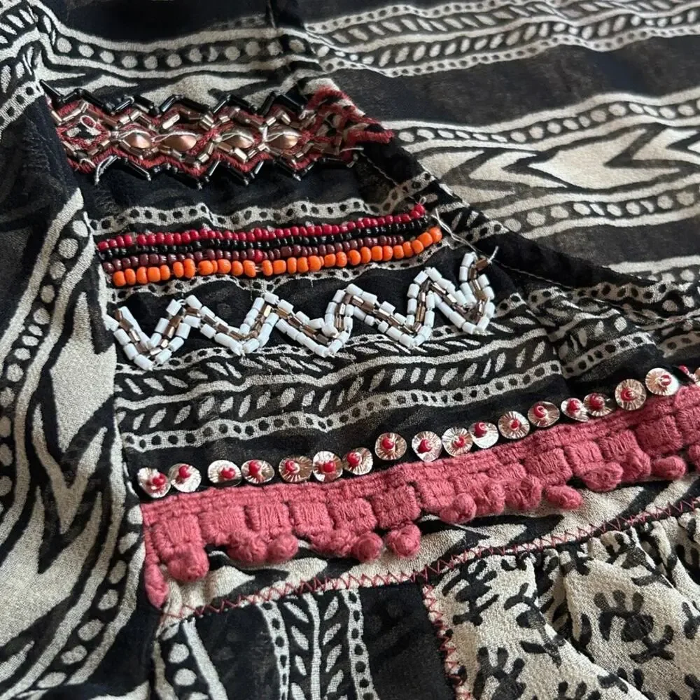 Free People Embroidered Semi-Sheer Top Folk Boho Oversized Tunic Women S M